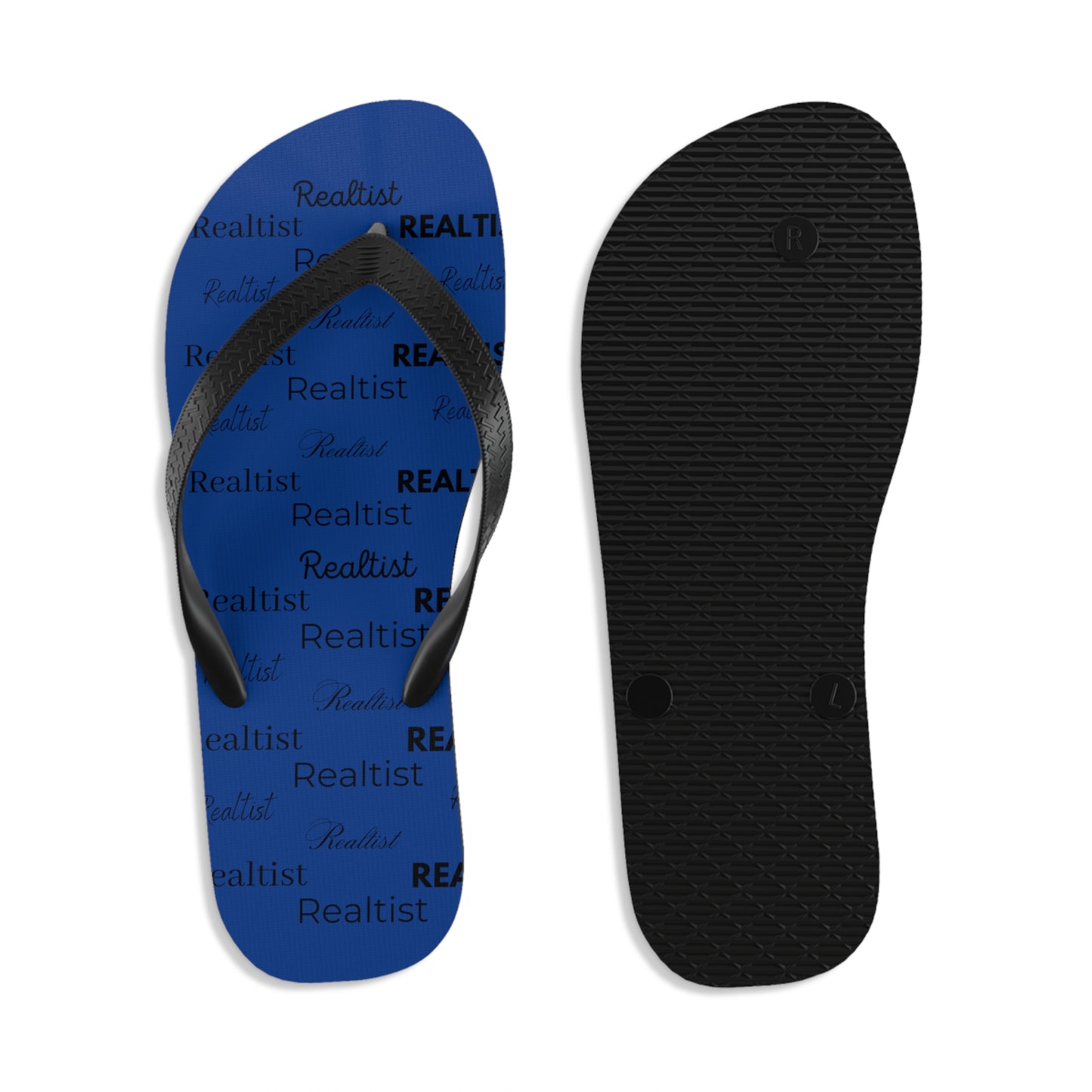 Comfortable Flip Flops with Realtist imprint, blue shoe with black sole
