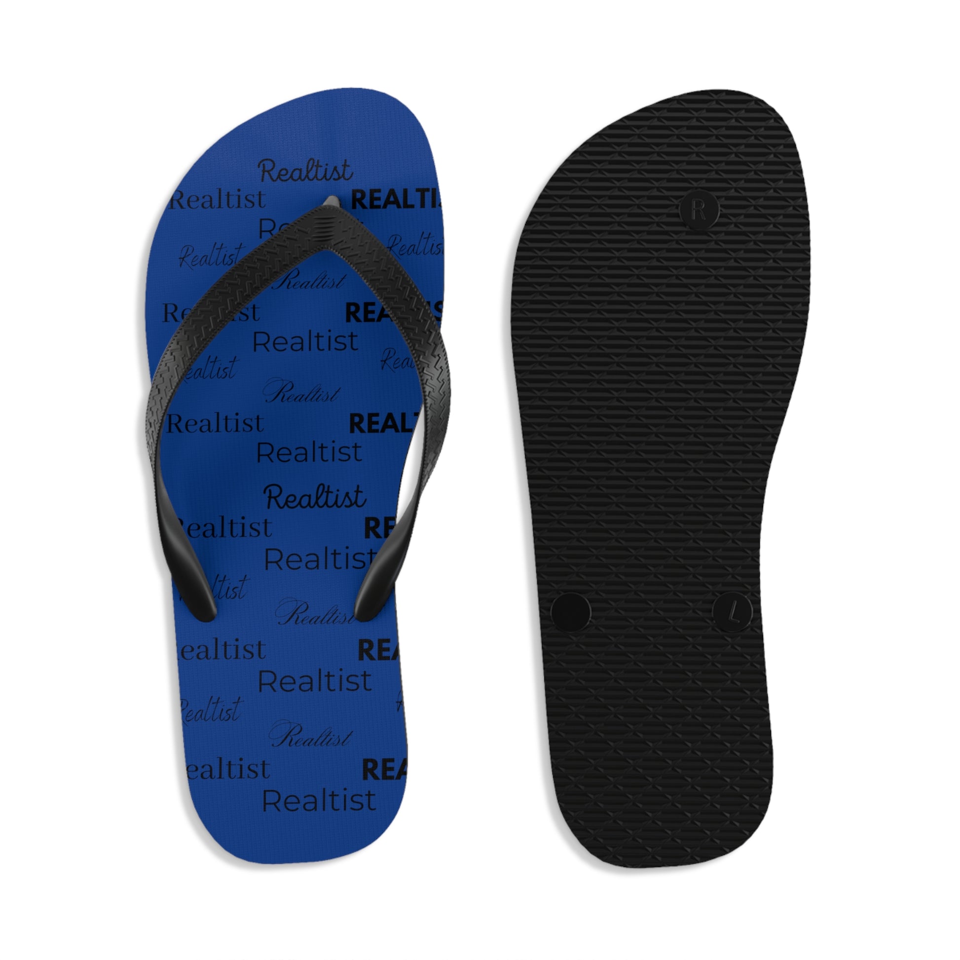 Comfortable Flip Flops with Realtist imprint, blue shoe with black sole