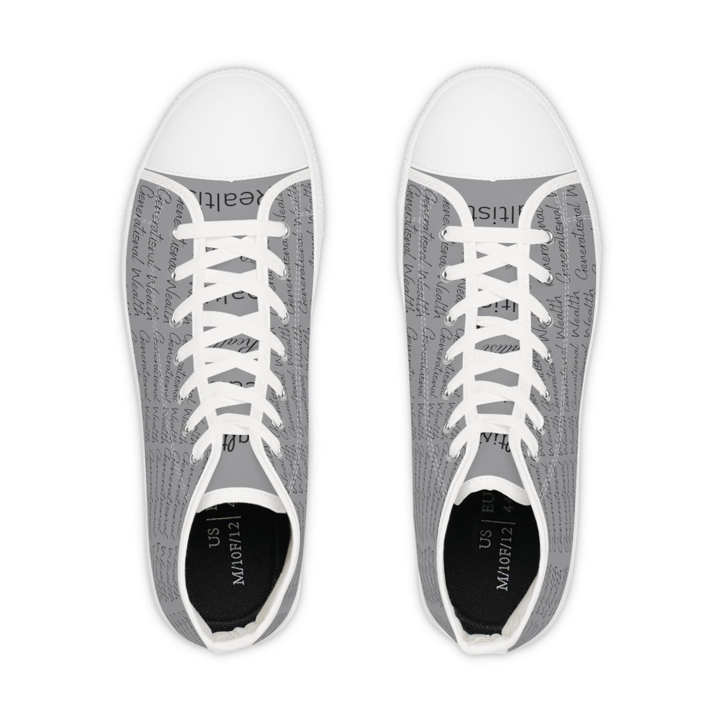 Men's gray high top canvas sneaker, says Generational Wealth on outside and Realtist on the tongue of the shoe
