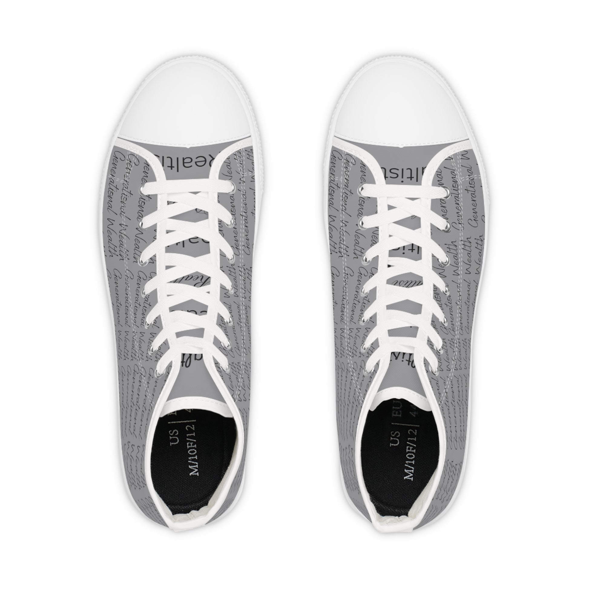 Men's gray high top canvas sneaker, says Generational Wealth on outside and Realtist on the tongue of the shoe